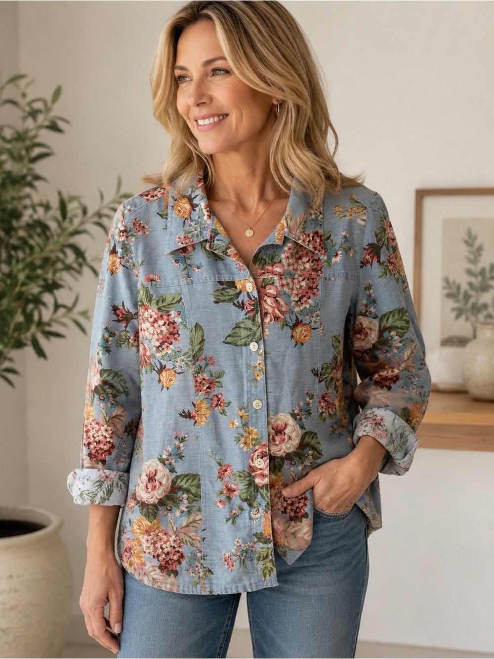 Susan Bristol XL Light Blue Floral Button-Up